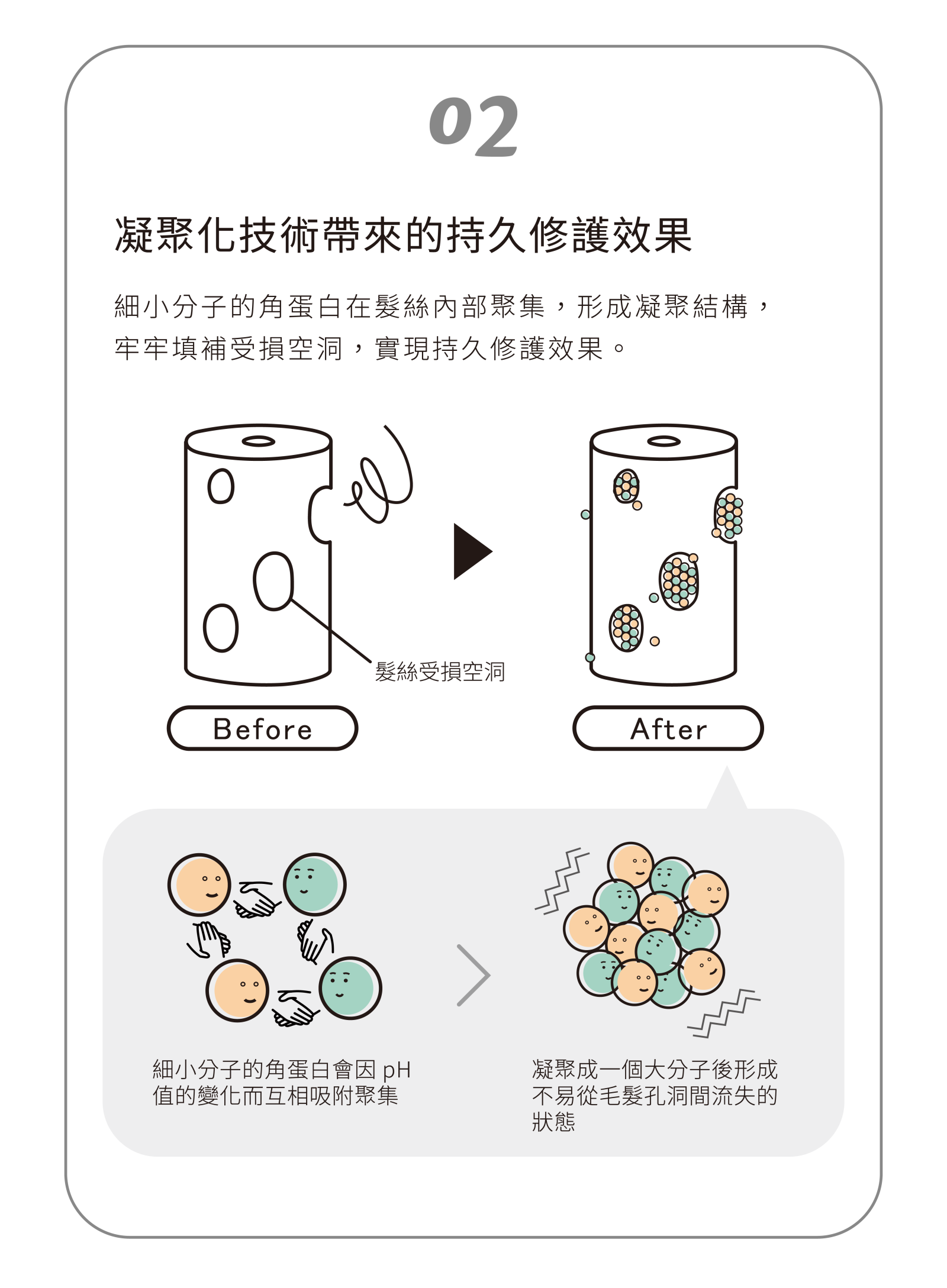 KERAREFINE技術原理二：pH值誘導凝聚化技術，角蛋白分子聚集填補受損空洞示意圖