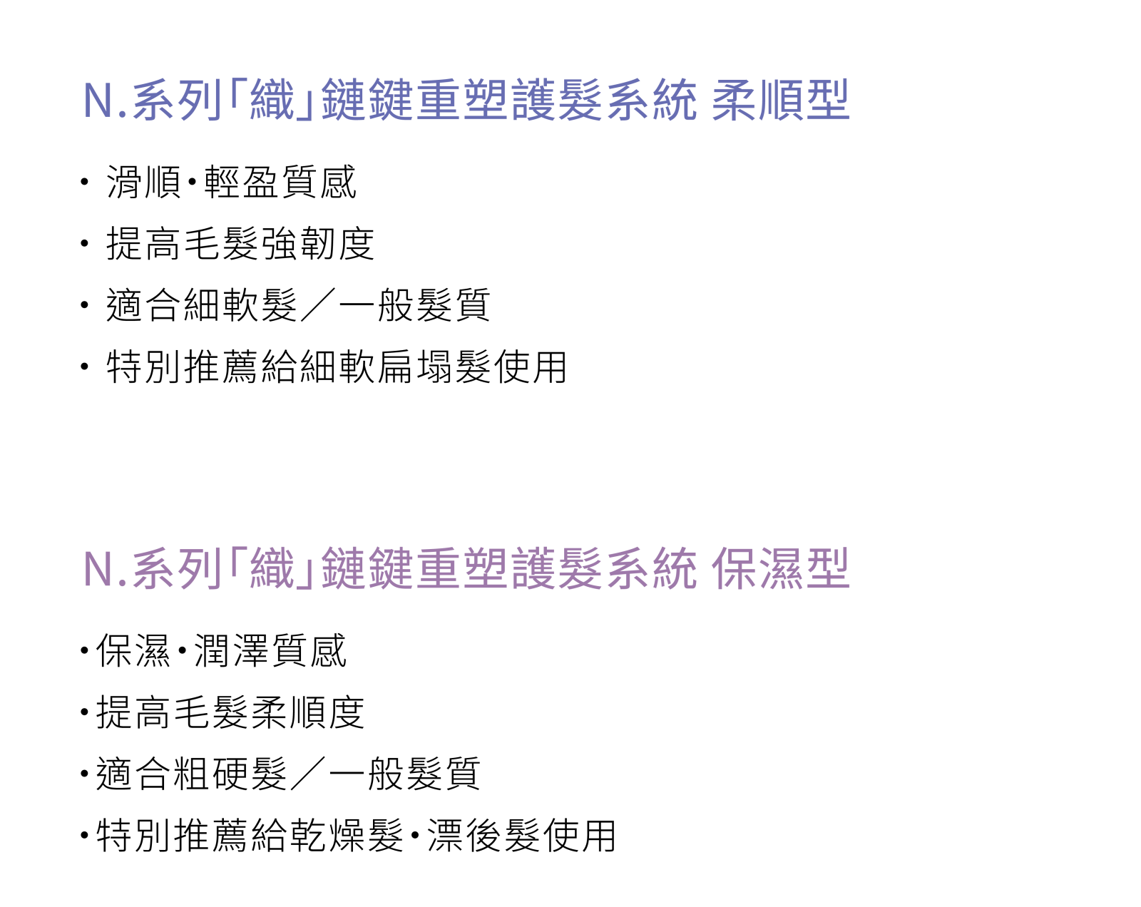 N.織鏈鍵重塑護髮系統柔順型與保濕型比較：適合髮質、質感訴求與推薦使用族群說明