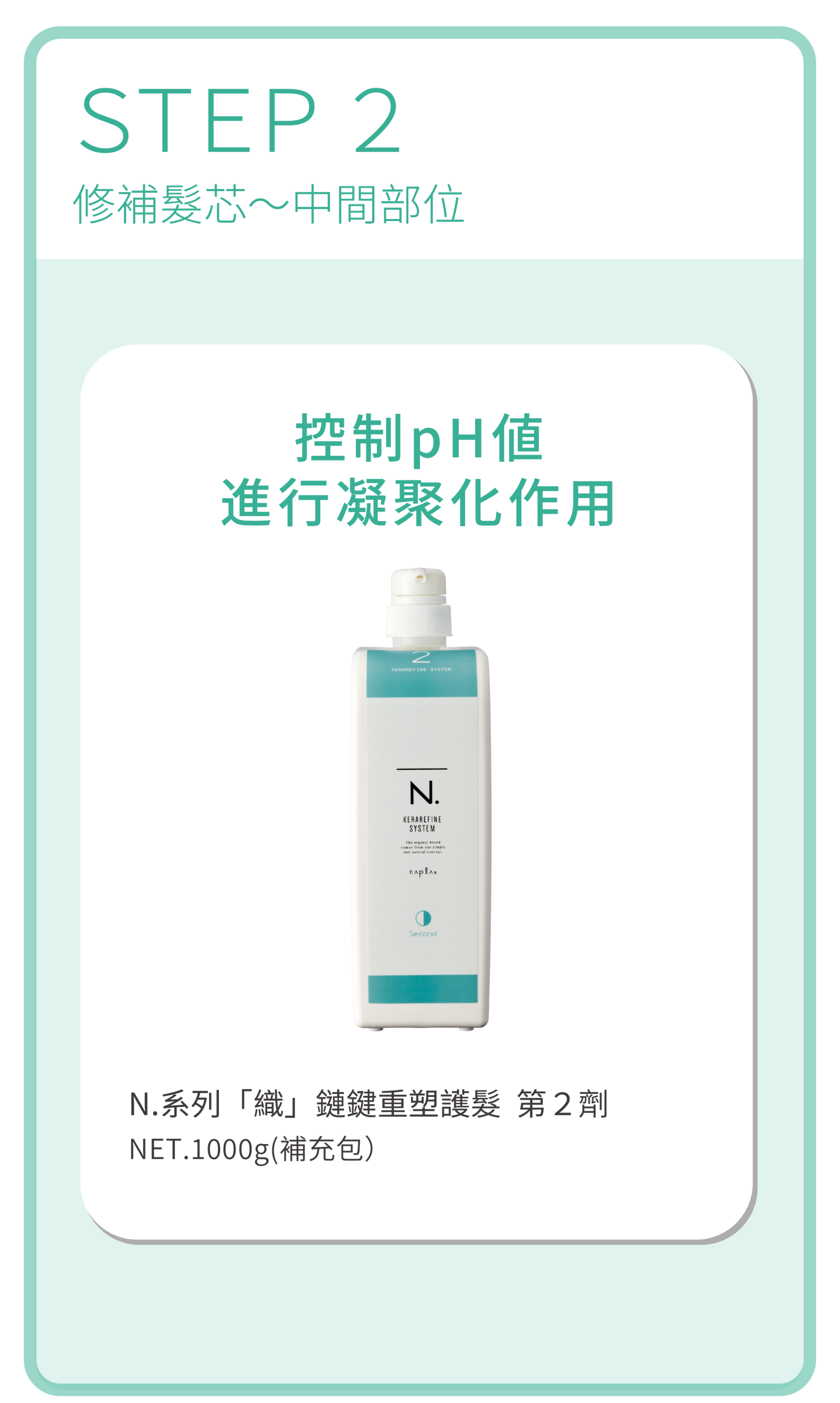 N.織鏈鍵重塑護髮系統STEP2第2劑：控制pH值進行凝聚化作用，修補髮芯至中間部位