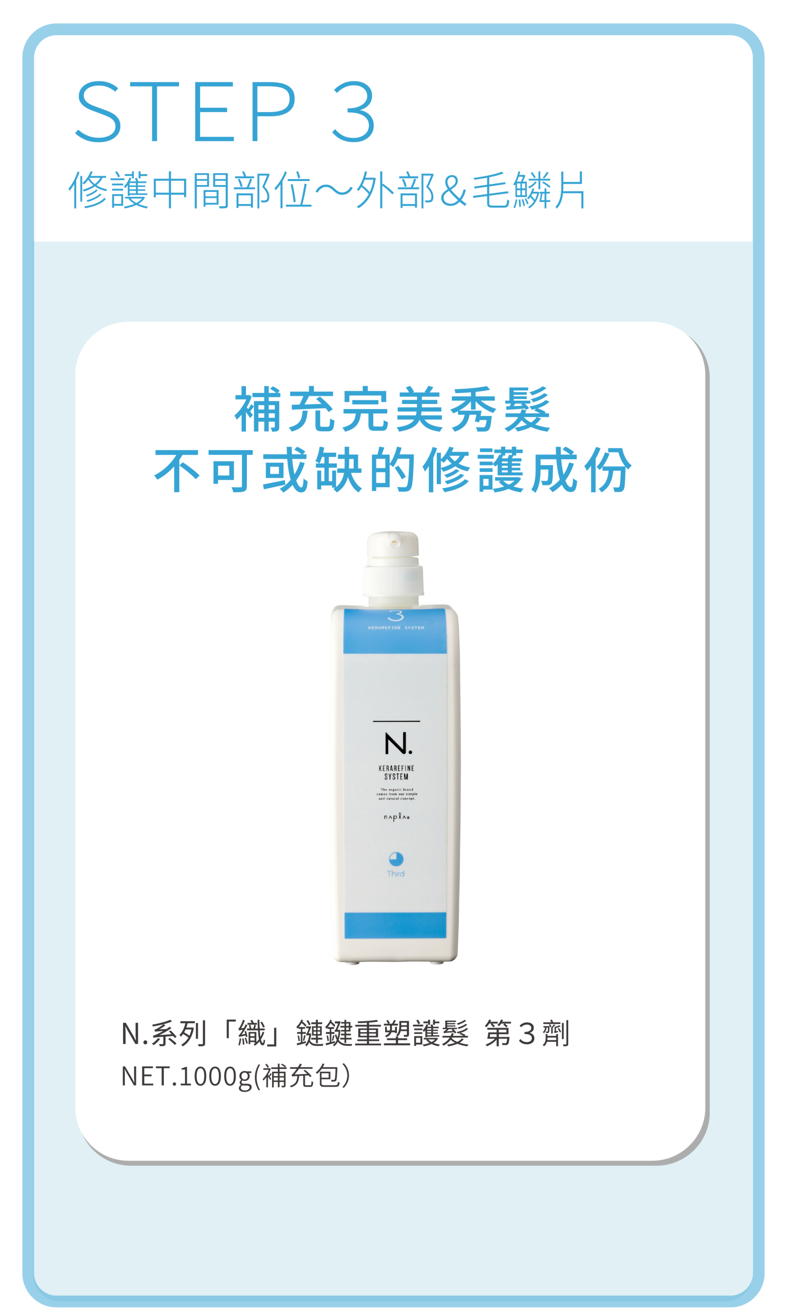 N.織鏈鍵重塑護髮系統STEP3第3劑：補充完美秀髮不可或缺的修護成份，修護外部與毛鱗片